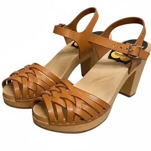Swedish Hasbeens Braided Tan Nature Sky High Wood Clogs 8